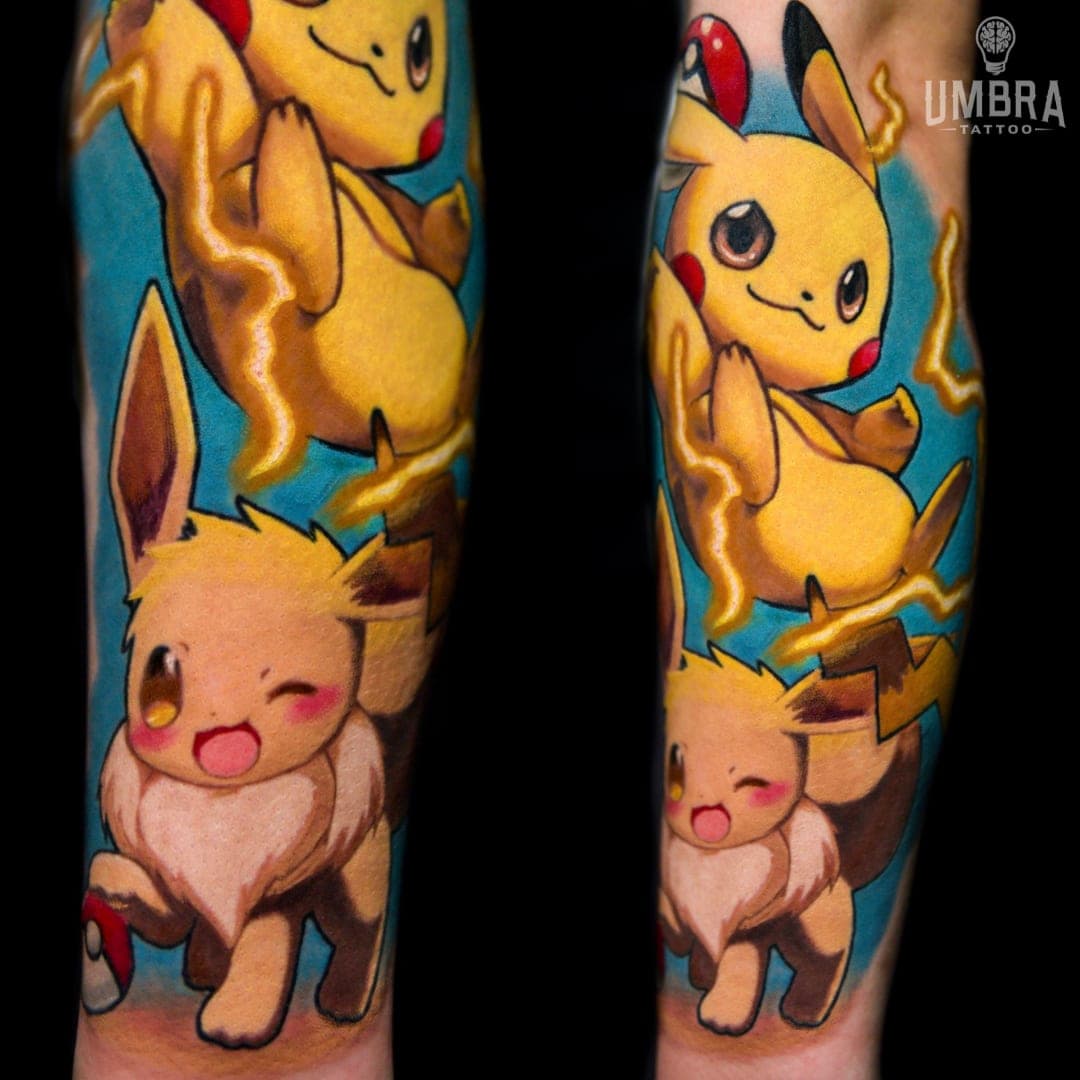 Pikachu i Eevee, kolor — dwa ujęcia tej samej pracy